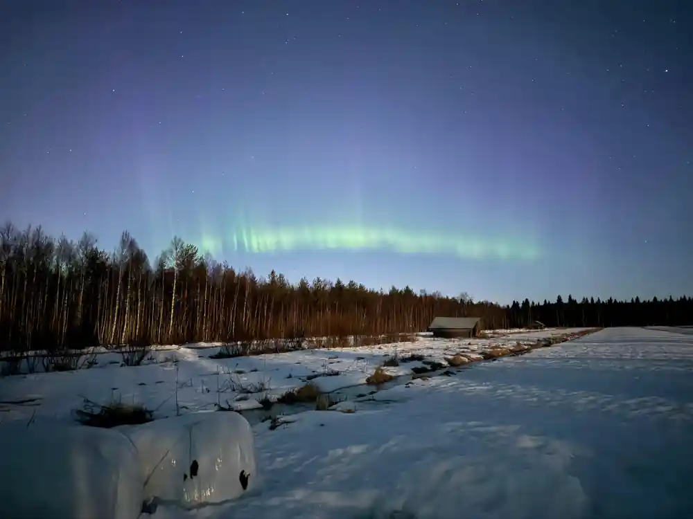 Aurora borealis above snowy landscape with orange sunset glow