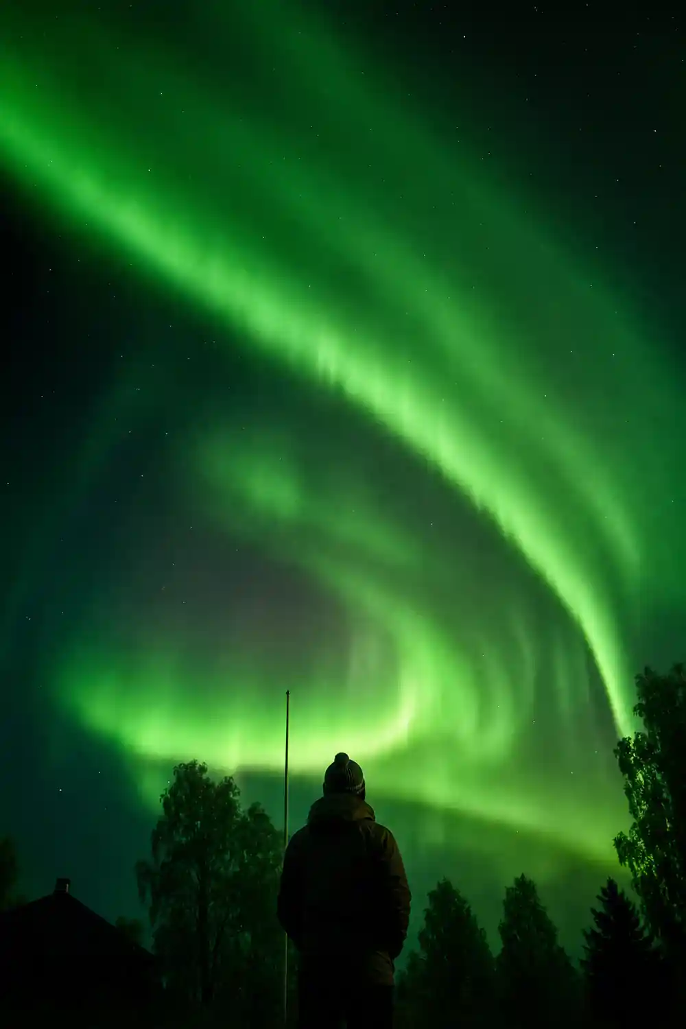 Bright green aurora borealis arching over forested silhouette