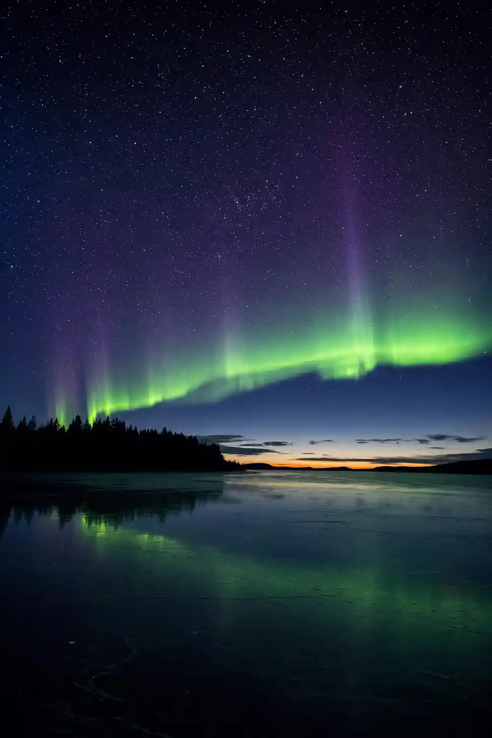 Green aurora borealis above still water and distant forest