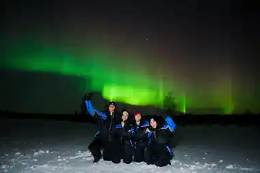 Group of five people in winter clothing under green aurora