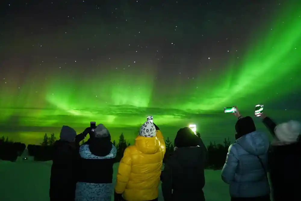 Group of people in winter clothing watching green aurora