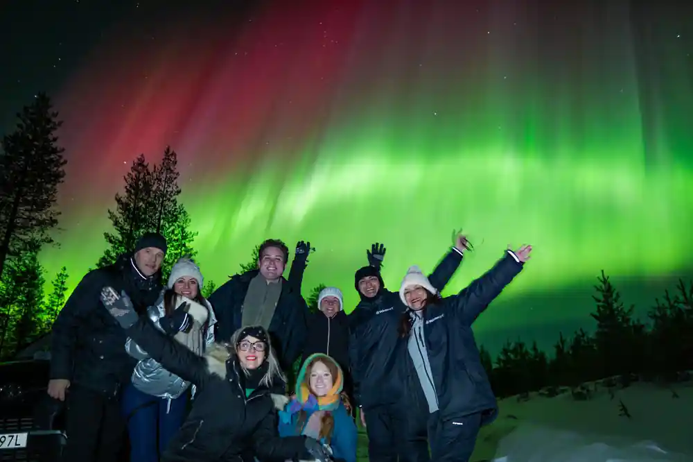 Large group of people with arms raised under green aurora