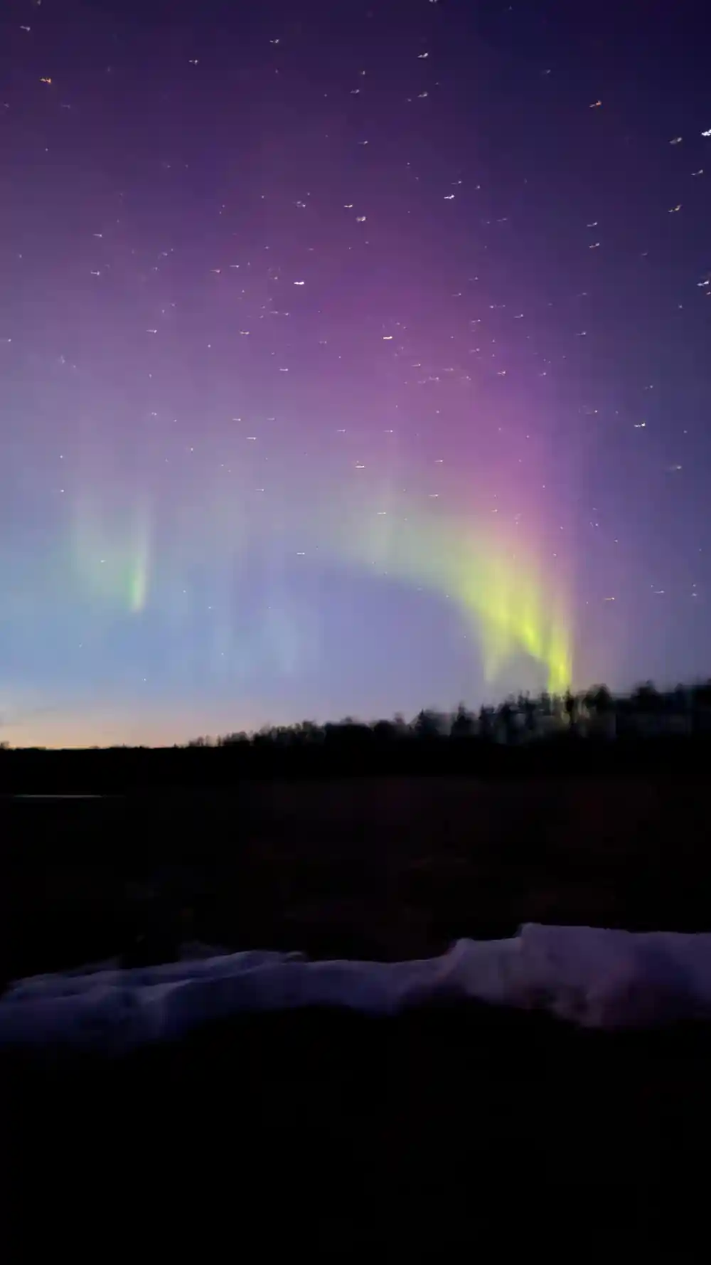 Pale purple and green aurora over dark landscape and water