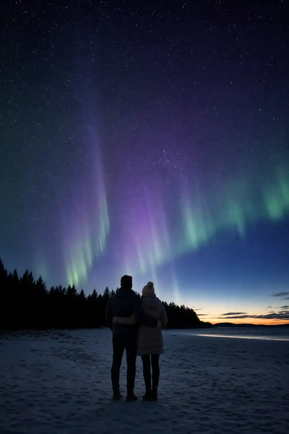 Purple and green aurora over frozen lake with forest treeline